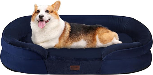 Dwanton Orthopedic Dog Bed for Medium Dogs with Gel Memory Foam, Waterproof Dog Sofa, Washable Pet Bed with Four Sided Bolster Cushion, Removable Cover & Non-Slip Bottom, 35", Navy Blue