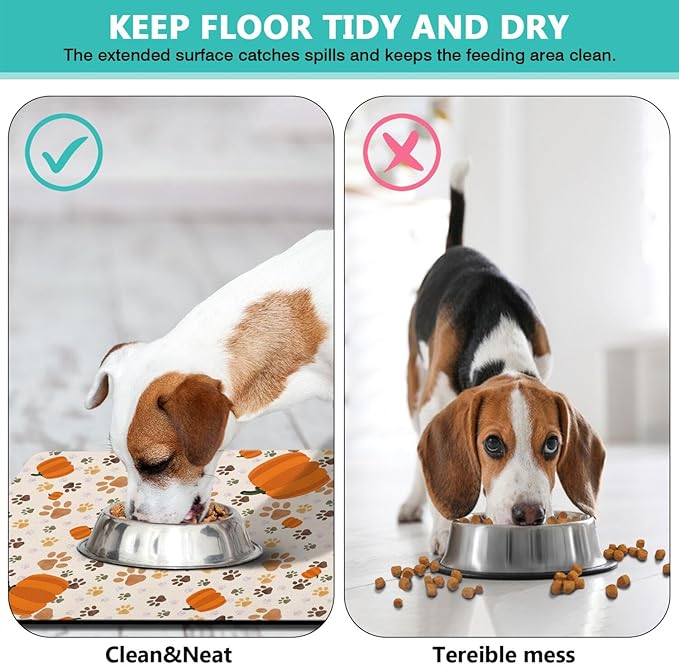 Fall Pumpkin Dog Food & Water Mat, Paw Prints Autumn Pet Feeding Mat for Floor Non-Slip Waterproof, Super Absorbent Cat Bowl Mat, Easy to Clean Eco-Friendly Durable Pet Placemat,17" × 30"