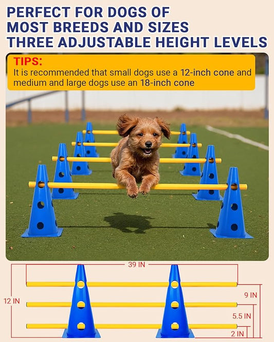 Dog Agility Course Backyard Set, Dog Agility Hurdle Cone Set with Height Adjustable Crossbar for Rehabilitation & Beginners, Dog Agility Equipment for Dog Obstacle Course - 12 Inch