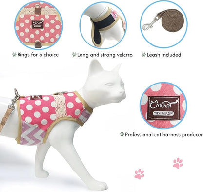 Cat Harness and Leash for Walking Escape Proof, Adjustable Cat Vest Harness, Padded Stylish Cat Walking Jackets, Polka Dot Pink, Extra Large