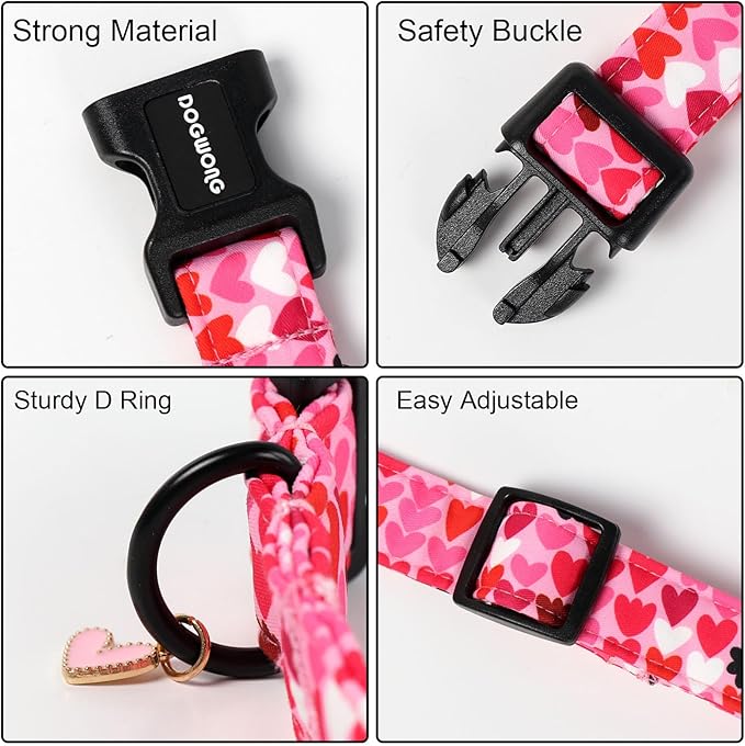 DOGWONG Valentine Dog Collar, Pink Heart Dog Collar, Girl Female Dog Collars with Strong Plastic Buckle for Medium Large Dogs,L