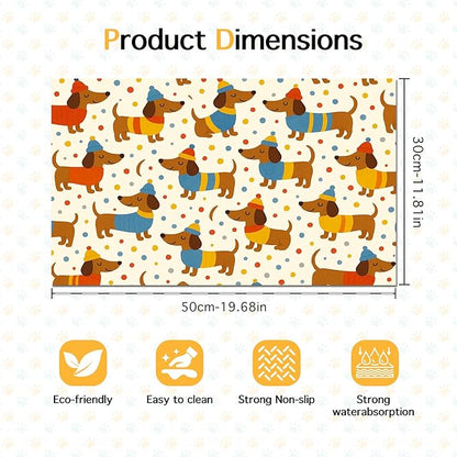 Adorable Dachshund Puppy Pet Food Mat with Colorful Polka Dot Pattern Pet Bowl Mat for Dogs and Cats Non Slip Feeding Mats Easy Clean Fast Dry Cat and Dog Feedings Mats 20" x 12"