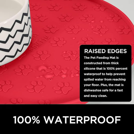 Comtim Waterproof Dog Food Mat - 2 Pack Silicone Pet Food Mat Dog Food Bowl Mats Cat Water Mats Eating Tray, Non-Slip Pet Placemat with Lip for Messy Drinkers to Protect Floor, Red 11"×11"