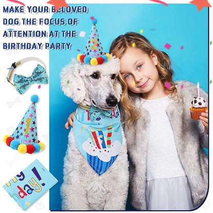 Dog Birthday Decorations,Puppy Birthday Party Outfits, Birthday Hat,Bow Tie,Bandana,Happy Birthday Banner,Pet Theme Suit Apparel & Accessories for Boy Golden Doodle Teddy Husky Labrador(4PCS Blue)