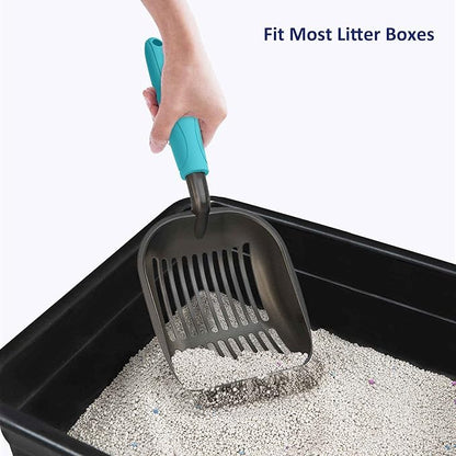 WePet Cat Litter Scoop, Non-Stick Plated Aluminum Alloy Sifter, Kitty Durable Metal Scooper, Deep Shovel, Long Handle, Kitten Pooper Lifter, Size Large, Coated Black Body with Turkish Blue Handle