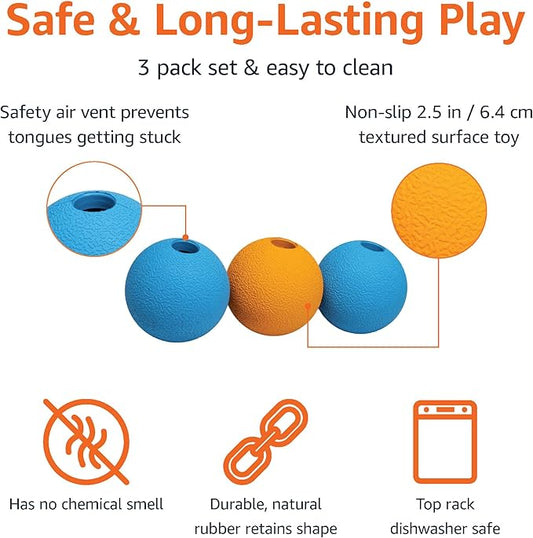 Amazon Basics Interactive Bouncy Durable Rubber Dog Toy Balls, 2.5 inch, Blue, Orange, Pack of 3