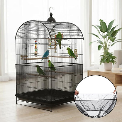 2pcs Large Bird Cage Seed Catcher Guards, Breathable Airy Nylon Mesh Material, Prevents Seed Mess, Acts as Stretchy Cage Guard, Fits Budgie, Cockatiel Various Bird Species (Black, White)