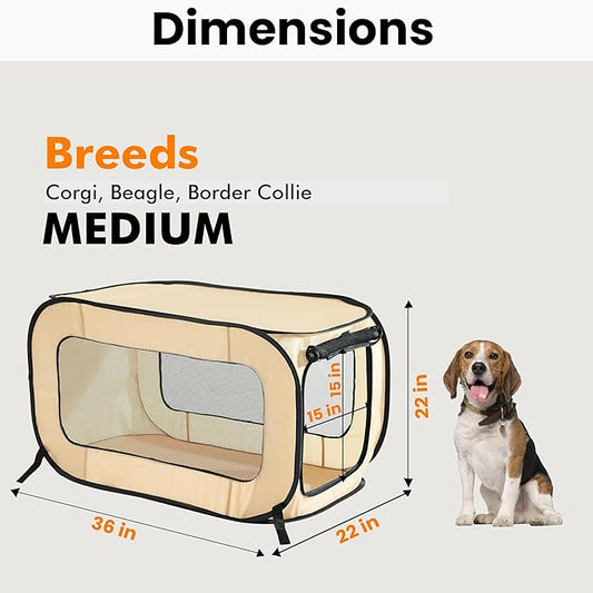 Beatrice Home Fashions Portable, Collapsible, Pop Up Kennel Travel Cat and Dog Crate, 36" L x 22" W x 22" H, Beige