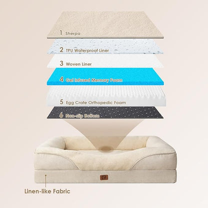 EHEYCIGA Orthopedic Dog Bed for Medium Dog, 30x20x6.5 Inch Memory Foam Dog Couch Bed with Sides, Waterproof Liner & Washable Removable Cover, Bolster Pet Sofa, Beige