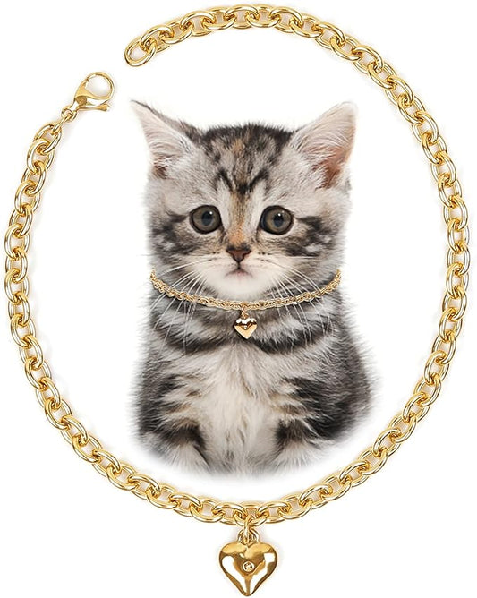 HOWWFALY Dog Collar and Cat Chain Necklace Stainless Steel Adjustable 18K Gold Heart-Shaped Necklace for Small Pets Cats Kitten Puppy (Gold, 7 inch)