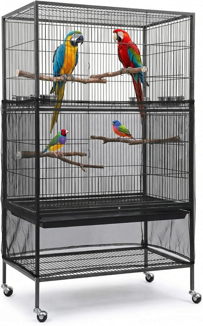 Large Bird Cage Cover Bird Cage Seed Catcher 118 x 31 Inches Adjustable Elastic Band Mesh Birdcage Cover Net Skirt for Parrot Parakeet Macaw African Cages (Black)