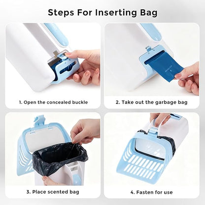 Cat Litter Scoop with Holder & Trash Can, 3-in-1 Mess-Free Poop Scooper Includes 90 Bags, Litter Box Scoop Shovel for Sifter Box Waste Disposal, Blue White