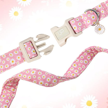 Daisy Dog Collar, Summer Cotton Dog Collar with Quick Release, Gift Pink Collars for Small Medium Large Girls or Boys Dogs Cute Durable Comfortable Pet Collars