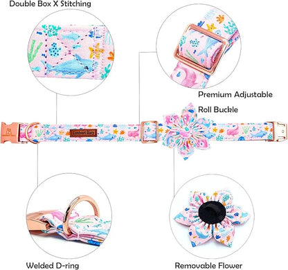 Lionheart glory Dog Collar Flower Collar Pink Dog Collars with Flower Summer Cute Sea Animals Print Collar Dog Female Soft Durable Adjustable Dog Collars for Medium Dogs