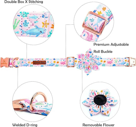 Lionheart glory Dog Collar Flower Collar Pink Dog Collars with Flower Summer Cute Sea Animals Print Collar Dog Female Soft Durable Adjustable Dog Collars for Small Dogs