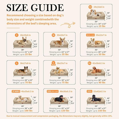 Comfort Expression Orthopedic Dog Bed for Extra Large Dogs 42x30 Inch, Waterproof Egg Crate Foam XL Pet Bed with Removable Bolsters, Dog Couch with Washable Cover & Non-Slip Bottom, Light Brown