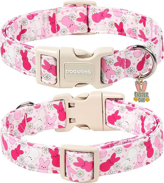 DOGWONG Easter Dog Collar, Cute Easter Pink Bunny Pet Collar Durable Holiday Girl Boy Adjustable Cotton Dog Collars for Small Dogs,S Visit The Elegant Little Tail Store
