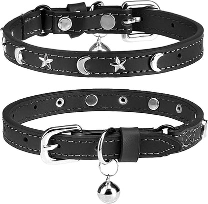 Leather Cat Collars for Boy Girl Cats with Bell and Safety Elastic Belt, Personalized Star and Moon Stud Adjustable Safe Buckle Collar for Kitty Small Big Cats Size 8-12 Inch, Black