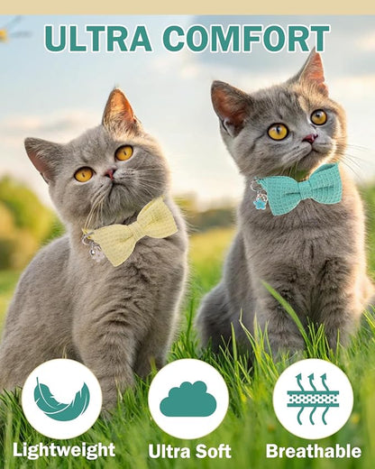 Cat Collar Breakaway with Bells, Soft Cotton Cat Bowtie Collar for Girl Boy Cats, Small Cats Collar with Bow for Spring Summer, 2 Pack Cute Kitten Collars with Removable Bowtie 8-12Inch