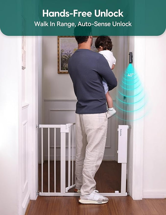 Babelio Smart Baby Gate with Auto-Unlock/Close, Pressure Mounted No Drill for Doorways/Top of Stairs. Pet/Dog Door Wide Walk Thru w/Infrared Sensor & Instant Safety Alert (White, 26.3-37.8" W, 30" H)