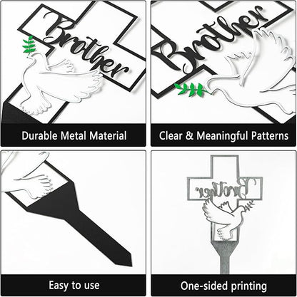 BUoonyer Garden Stake Graves Cemetery Decorations, Brother Metal Memorial Grave Markers, Cross Graveyard Commemorative Plaque for Boy, Dove Remembrance Sympathy Graveside Decor Sign for Outdoor Yard