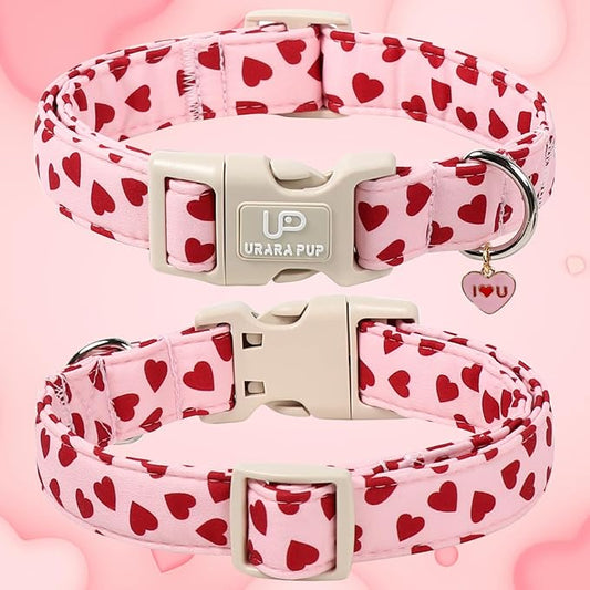 Valentine's Dog Collar, UP URARA PUP Pink Love Heart Adjustable Pet Collar with Bowknot Charm, Adorable Wedding Dog Accessories for Small Medium Large Dogs