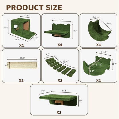 13-in-1 Cat Wall Shelves, Wall Mounted Cats Furniture Set with Plush Fabric, Cat Climbing Wall Systems, Cats Shelf with Moon Hammock, Condo, House, Step, Bridge Ladder, Scratching Post, Green