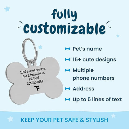 PawFurEver Custom Engraved Pet ID Tag – Personalized Dog Name Tag for Dogs and Cats, Stainless Steel Collar Accessory with Cute Designs for pet Name Tags (Bone, Silver) 15.95