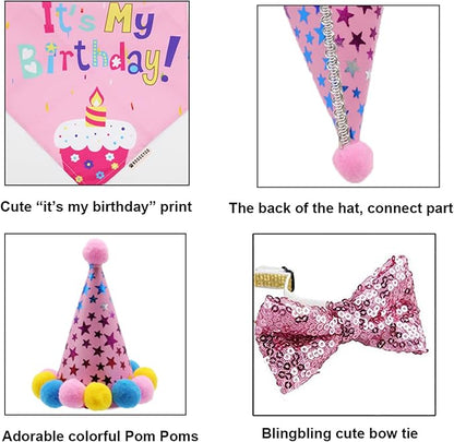 ADOGGYGO Dog Birthday Bandana Scarf and Dog Girl Birthday Party Hat with Cute Bow Tie for Medium Large Dog Pet (Large)