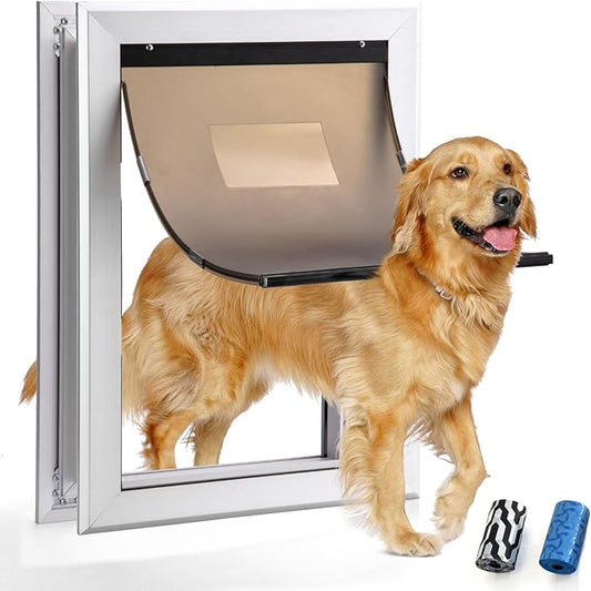 Dog Door Aluminum Pet Door with Extra-Large Flap, Doggie Door Designed with Automatic Closing Magnetic Flap, Telescoping Tunnel & Lockable Sliding Panel for Extreme Weather, (XL)