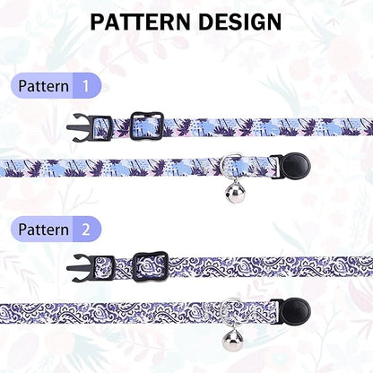 Breakaway Cat Collars for Girl Boy Cats, Spring Summer All Weather Cat Collar Personalized Pattern 2 Pack,Cute Classic Safety Buckles and Bells,Adjustable Printed Nylon Colorful Kitten Collar
