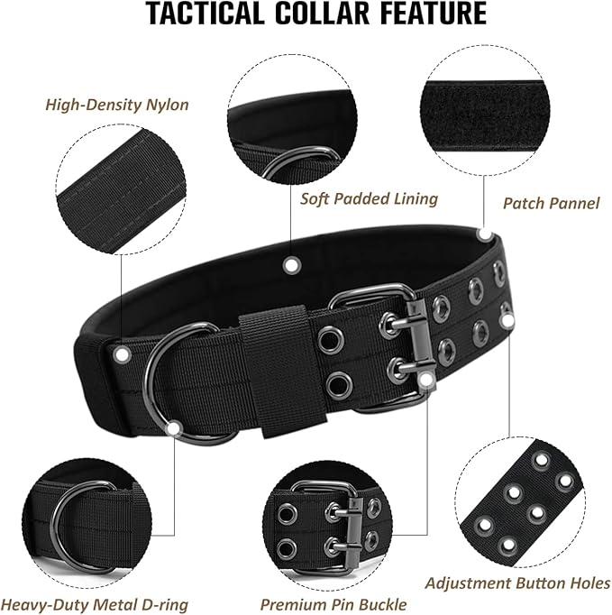 Tactical Dog Collar Military Adjustable Dog Collars Soft Nylon Training Collar with Patch Heavy Duty Metal Buckle Collars for Medium Large Dogs (Black, XL)