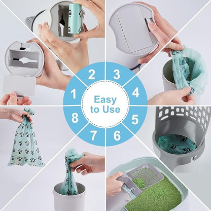 Cat Litter Scooper with Holder, Cat Litter Shovel with Waste Can and Refill 135 Bags(9 Boxes of 15 Bags), Large Capacity Cat Scooper Portable Shovel