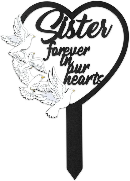BUoonyer Stake Graves Cemetery Decorations - Sister Metal Memorial Grave Markers, Girls Heart Graveyard Sympathy Plaque, Dove Remembrance Graveside Burial Decor Sign for Outside Yard Garden