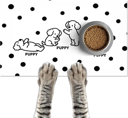 Puppy Pattern Pet Feeding Mat 24x16 Inch Polka Dot Pet Feeding Area Mat Pet Food Mat Pet Mats for Food and Water Dog Mat for Food and Water Indoor Feeding Corner Kitchen Floor Decor