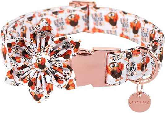 Thanksgiving Dog Collar with Flower, Turkey Cotton Flower Collar for Puppy Girl Dog or Cat, Autumn Flower Collar with Durable Metal Buckle, Thanksgiving Pet Collar, L, Neck 16-24in