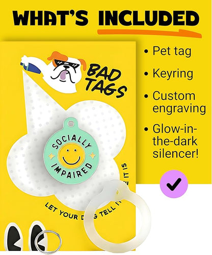Bad Tags Personalized Dog and Cat ID Tags in 25+ Designs and 2 Sizes - 5 Lines of Custom Engraved Text - Funny Cute Personalized Pet Tags (Socially Impaired, Small (1 inch))