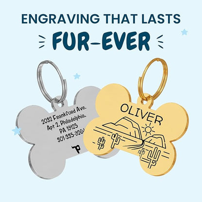 PawFurEver Custom Engraved Pet ID Tag – Personalized Dog Name Tag for Dogs and Cats, Stainless Steel Collar Accessory with Cute Designs pet Name Tags (Bone, Gold)