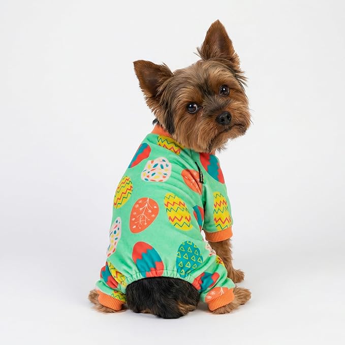 Fitwarm Easter Egg Dog Pajamas, Holiday Dog Clothes for Small Dogs Girl Boy, Pet Easter Outfit, Puppy Cat Onesie, Lightweight Velvet, Light Green, Orange, Medium