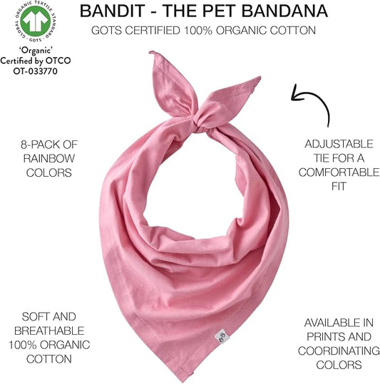 Bandit - The PET Bandana, 8 Pack 100% Organic Cotton Pet Bandanas Clothes for Small, Medium, Large Dogs, Rainbow Pinks, Medium/Large
