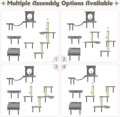 NUNU LAB 7-in-1 Wall Mounted Cat Climber Set, Cat Wall Furniture Set with House, Bridge, Steps, Scratcher Post, DIY Playground, Cat Wall Shelves - Gray
