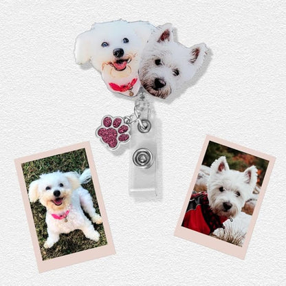 callie Personalized Pet Portrait Badge Reel - Custom Dog Cat Photo, Cute Badge Holder Retractable with Alligator Clip & Paw Charm, Gifts for Dog Lover Nurse RN CNA Doctor（2 Pets）