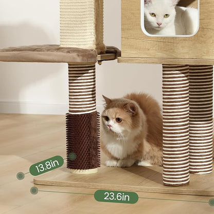Cat Tree Tower, 41.7 in Wood Cat Condo with Sisal-Covered Scratching Posts and Plush Pom-pom, Multi-Level Climbing Cat Furniture with Jump Platform for Indoor Cats, Beige