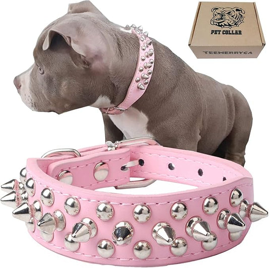 TEEMERRYCA Adjustable Leather Spiked Studded Dog Collars with a Squeak Ball Gift for Small Medium Large Pets Like Cats/Pit Bull/Bulldog/Pugs/Husky, Pink, XXL 19.7-22.4 inches