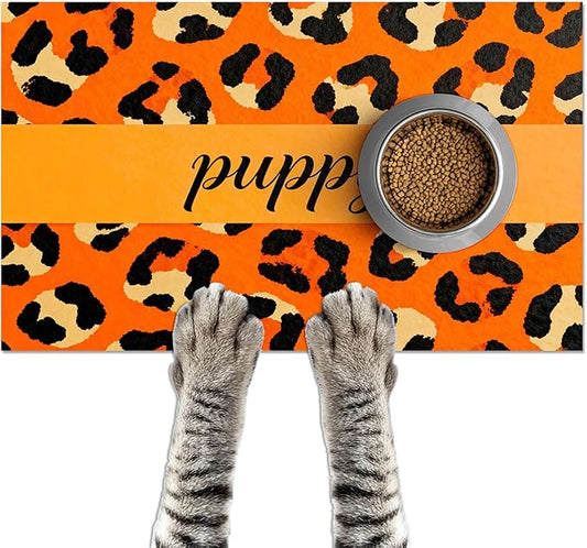 Puppy Feeding Mat 20x12 inch Orange Leopard Print Dog Bowl Placemat Non Slip Mat for Pet Food and Water Small Dog Food Area Indoor Puppy Feeding Station Pet Meal Mats for Kitchen
