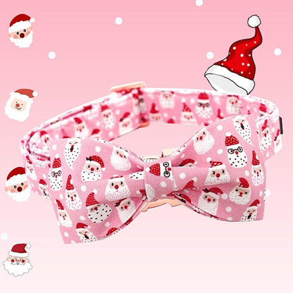Dog Collar, Christmas Pink Santa Claus Cotton Pet Collar Bow Holiday Girl Boy Cute Puppy Collar Adjustable Pet Collar for Small Dogs