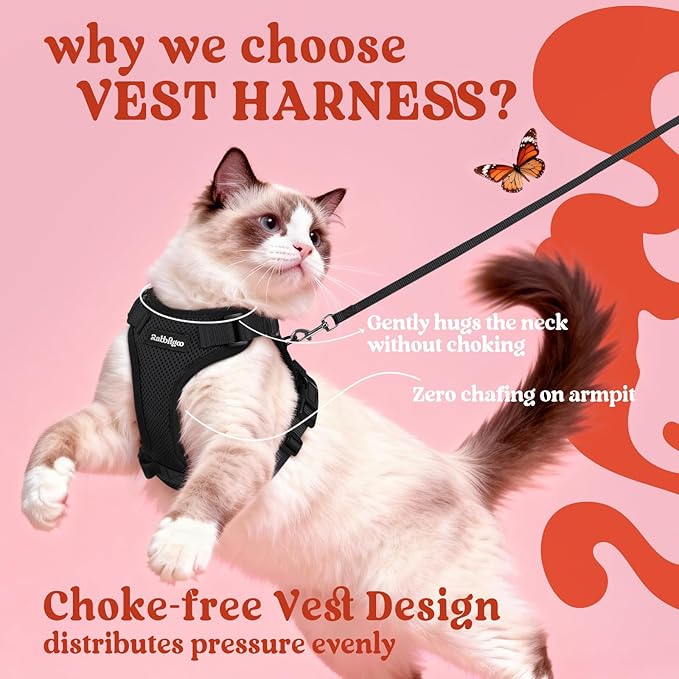 rabbitgoo Cat Harness and Leash for Walking, Escape Proof Soft Adjustable Vest Harnesses for Cats, Easy Control Breathable Reflective Strips Jacket, Black, S