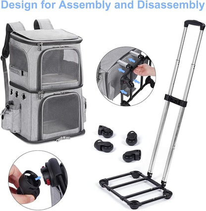 Extra Large Double-Compartment Pet Carrier Backpack with Wheels for Small Dogs and Cats, Cat Rolling Carrier for 2 Cats, Perfect for Traveling/Taking a Walk/Trips to The Vet, Grey