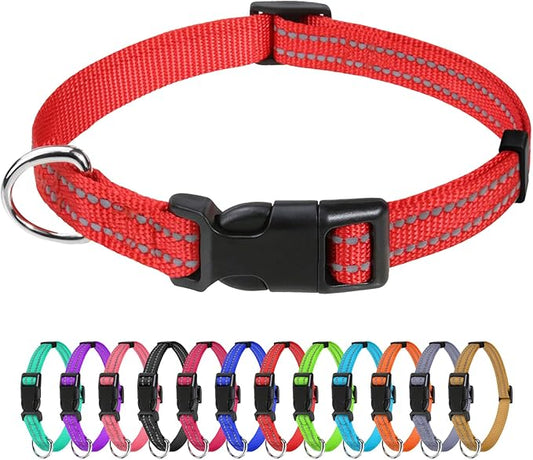 TagME Reflective Nylon Dog Collars, Adjustable Classic Pet Collar with Quick Release Buckle for Puppy, Red, 3/8" Width