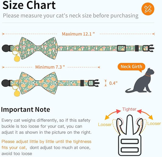 2 Pack Cotton Cat Collar with Bow Tie and Bell for Male Female Cats,Soft Fancy Breakaway Kitty Kitten Collar with Ghost& Pumpkin Patterned Design for Boy Girl Cats. (Pumpkin&Mushroom)